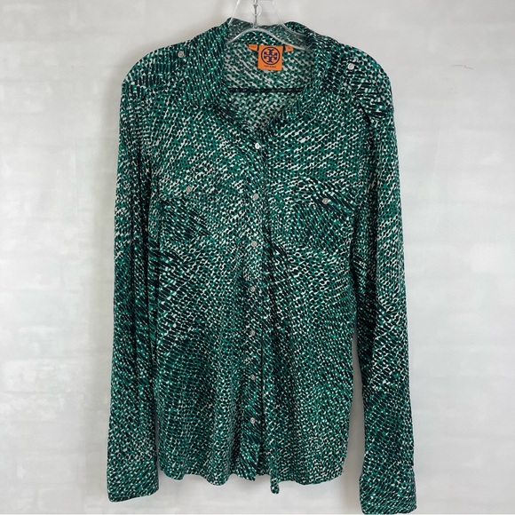 Tory Burch Women’s Blouse XL Green Black Printed 100% Silk Button Down - Picture 1 of 10